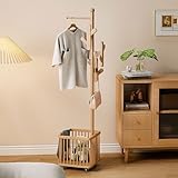 Freistehende Garderobe aus Holz mit 9 Haken und Aufbewahrungskorb, stilvoller Kleiderbügel für den Eingangsbereich für Mäntel, Jacken, Hüte und Taschen – drehbares Design, Gelb (40 x 40 x 18