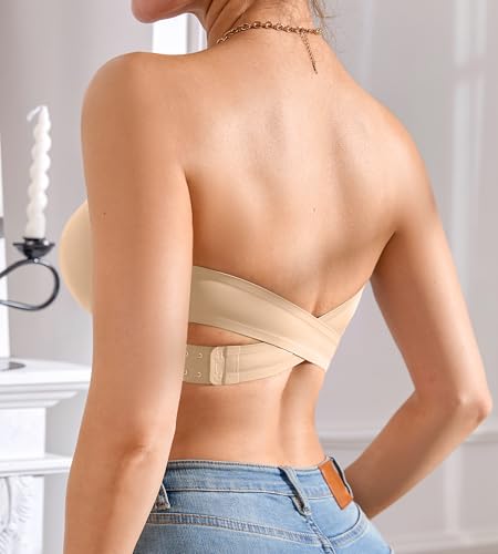 Image of DEANGELMON Strapless Bra for Women Crossover Side Closure Non-Slip Silicone Padded Bandeau Bras Wireless Tube Top Bra