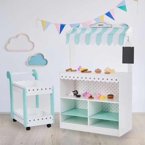 Image of Teamson Kids My Dream Bakery Shop Dessert Stand and Rolling Pastry Cart Interactive Wooden Play Set with 18 Pretend Baked Goods, White and Mint Green with Gray Polka Dot Accents