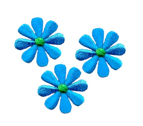 Daisy, Flower, Embroidered, Iron on Patch (1-1/2" Cyan Blue, 3 Pieces)