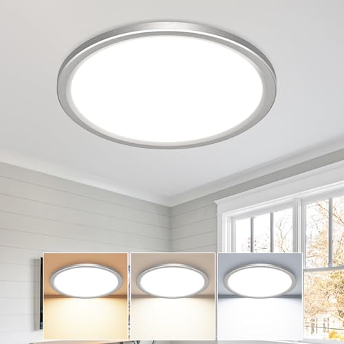 slochi Plafon LED Techo,18W 2100LM Bajo Consumo lampara techo,3000K/4000K/6500K regulableØIP44 Impermeable Ultra Delgado Plafones Para Techo Led,Adecuado para Baño Dormitorio Pasillo Níquel