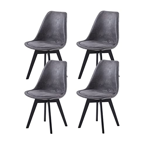 EGGREE Pack de 4 Sillas de Comedor Sillas Cocina Nordica con Asiento Tapizado de Gamuza y Patas de Haya Negra, Gamuza - Gris Oscuro + Pierna Negra