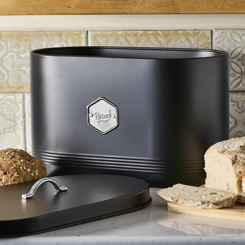 Cooks Professional Bread Bin | Modern Stylish Kitchen Countertop Labelled Metal Storage Canister | Breathable Container Box for Loaves, Pastries, Rolls | Black & Silver - Cosy Home Interiors Cooks Professional Bread Bin | Modern Stylish Kitchen Countertop Labelled Metal Storage Canister | Breathable Container Box for Loaves, Pastries, Rolls | Black & Silver - Image 3