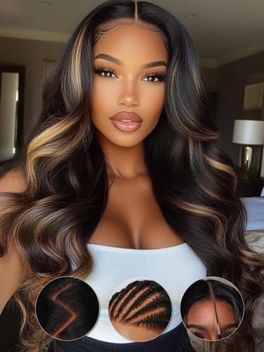 Image of KLAIYI Bye Bye Knots Glueless Wig Human Hair 13x4 Balayage Highlight 3D Body Wave Precut Lace Front Wig with Baby Hair Black Mix Blonde Brown Pre Plucked Pre Bleached Knots Wig 30S Easy to Wear 24Inch