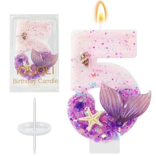 IDIJOLI Purple Number 5 Candles Mermaid Birthday Candle 5th Birthday Cake Topper Cupcake Decorations for Girls and Women Party Decor Anniversary Celebrations Supplies Favors