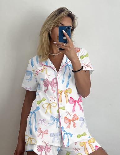 Image of Ekouaer Pajamas Set for Women Short Sleeve Sleepwear Button Down Pjs Soft 2 Piece Lounge Sets XS-XXXL