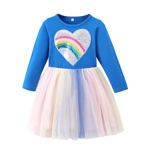 Toddler Girl Tutu Dress Long Sleeve Rainbow Tulle Casual Unicorn Dresses for Girls 3-8 Years