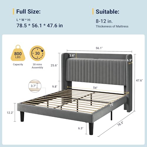Image of Allewie Full Size Platform Bed Frame with USB Charging Station and Storage Shelf /Upholstered Velvet Wingback Headboard /Wooden Slats Support /No Box Spring Needed /Easy Assembly, Grey