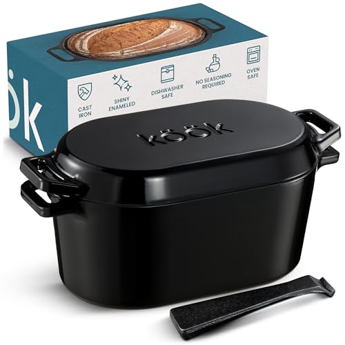 KooK Dutch Oven, Oven for Sourdough Bread Baking, with Lid, Dual Handles, Enameled Cast Iron, includes Lid Lever, Great for Baking Bread, Cooking and Roasting, Dishwasher Safe, 3.4 Qt, Black