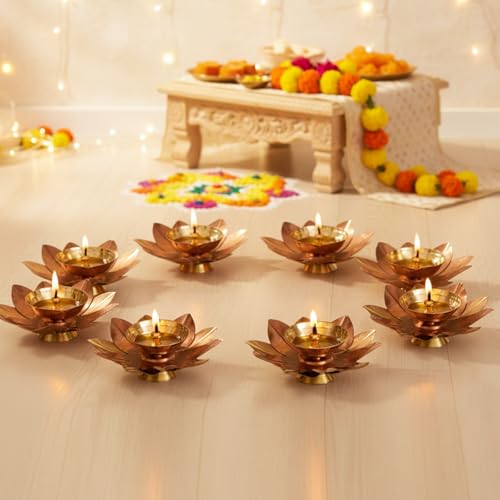 Image of TIED RIBBONS Pack of 8 Brass Akhand Diya Deepak for Decoration - Brass Diya for Puja Oil Puja Lamp - Diwali Decorations Items for Home Decor and Gifts (Golden, 6.8 cm x 6.8 cm)