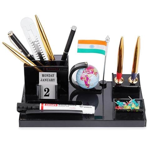 panku® Acrylic Flag Pen Stand For Office Study Table Stylish Multipurpose Desk Organizer Smoke Black Color Pack of 1 (With Two Special Pen)