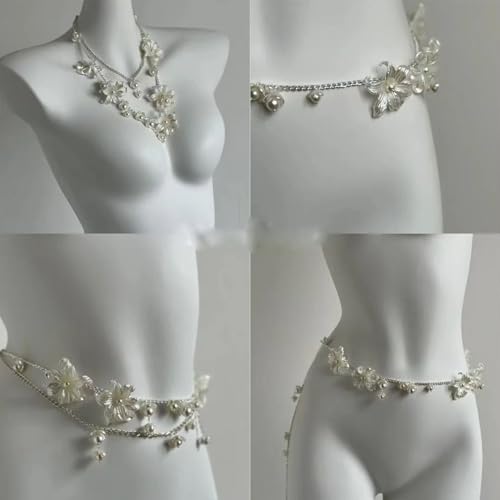 Flower Pearl Necklace Layered Pearl Choker Necklaces for Women Trendy Sexy Lilies Flowers Chain Belt Body Wasit Chain Pearls Belt Summer Jewelry Gifts3