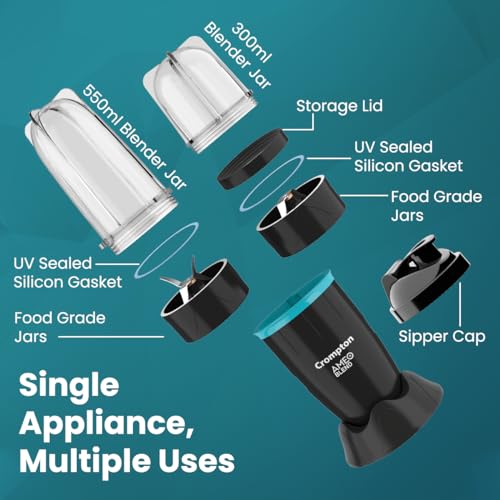 Crompton Ameo Blend | Nutri blender | Smoothie Maker | Mixer Grinder | 400 watts powerful motor | 2 Food grade jars | Sipper Cap | Storage lid | 2 years warranty | Black & Sea Green Color