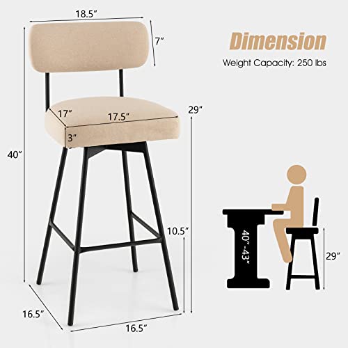 Costway Bar Stools Set Of 4, 29” Upholstered Bar Height Chairs With Back, 360° Swivel Bar Chairs With Heavy-Duty Metal Legs And Footrests, Fabric Seat For Kitchen Island, Dining Room, Bar (4, Beige) #TOP2