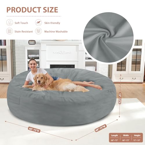 7FT Bean Bag Chair, Large Bean Bag Chairs with Memory Foam Filled, Fluffy Beanbag Sofa with Dutch Velvet Cover, Round BeanBag Chairs for Living Room, Playroom - Light Grey
