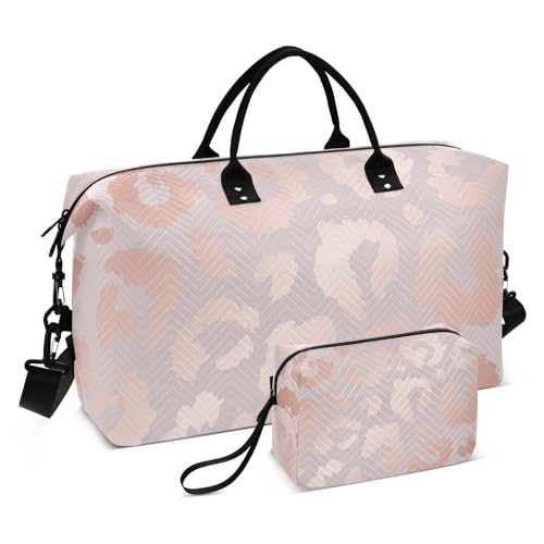 Aflyko Travel Duffel Bag Rose Gold Leopard Print Sport Tote Gym Bag Weekender Overnight Bag for Men Women Flight Approved Carry On Bag Fitness Dance Go-To Bag Daily Bag, Medium