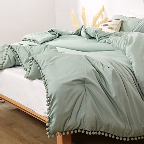 Smoofy Sage Green Comforter Set Twin Size Pom Fringe Boho Chic Cute Ball Pom Bedding Set Cali Soft Warm Vintage Lightweight Solid Comforter 2 Pieces (1 Pom Comforter, Only 1 Pillowcase) #TOP4
