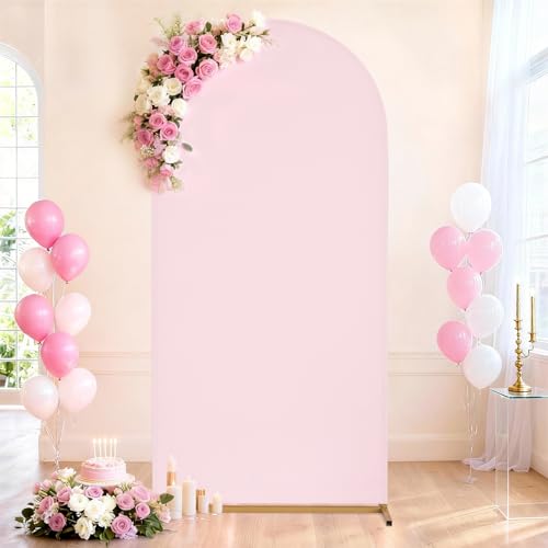Image of SoarDream Pink Arch Backdrop Cover Spandex Fitted 5FT Pink Wedding Arch Covers Balloon Round Top Chiara Arch Backdrop Fabric for Bridal Shower Wedding Birthday Party Stage Decoations