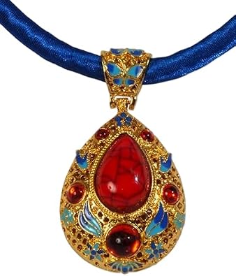 Museum Inspired Cloisonne Faux Gemstone Gold Plated Pendant + 19" Blue Cord + GIFT BAG
