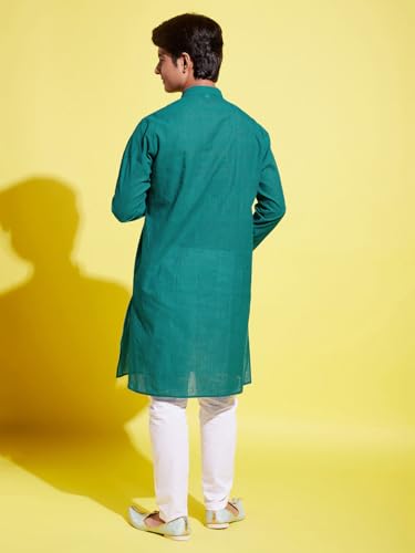 Image of VASTRAMAY boys VASTRAMAY YUVA Boys' Teal Green and White Pure Cotton Kurta Pyjama Set