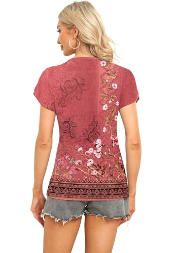 Image of Womens Petal Sleeve Tops Summer Trendy T Shirt Casual Loose Square Neck Button Blouse Tees