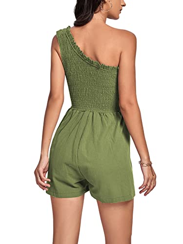 Umenlele Women's One Shouder Sleeveless Trim Smocked High Waist Short Romper Jumpsuit Green Medium #TOP1