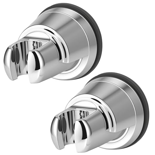 Hibbent 2 Pack Vacuum Suction Cup Shower Head Mount, Removable Shower Head Bracket, Height Adjustable Shower Wand Holder & Wall Mount ABS Plastic Suction Holder for Handheld Showerhead, Chro