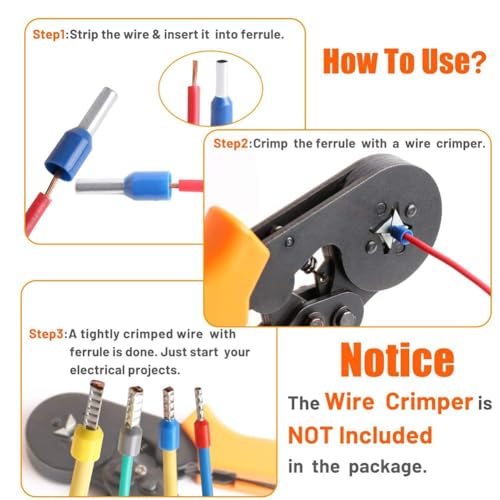 Image of 1200-pcs wire ferrule crimp connector assortment kit, insulated copper ferrules for secure electrical connections, crimping ferrules for electrical wiring, wire jointer kit (Multicolor)