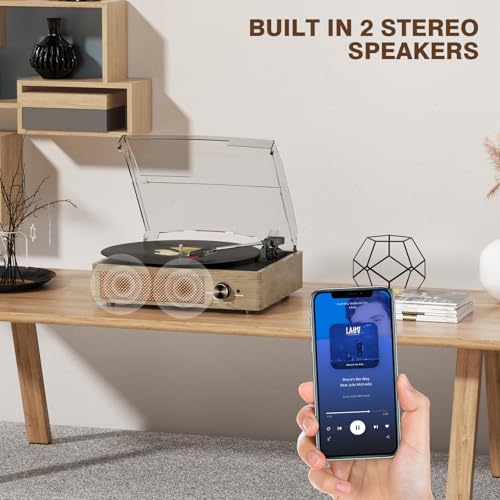 Image of Bluetooth Vinyl Record Player,3-Speed Turntable with Stereo Speakers Vintage Phonograph Record Player, with RCA Line Out AUX in Headphone Jack Grey Wood