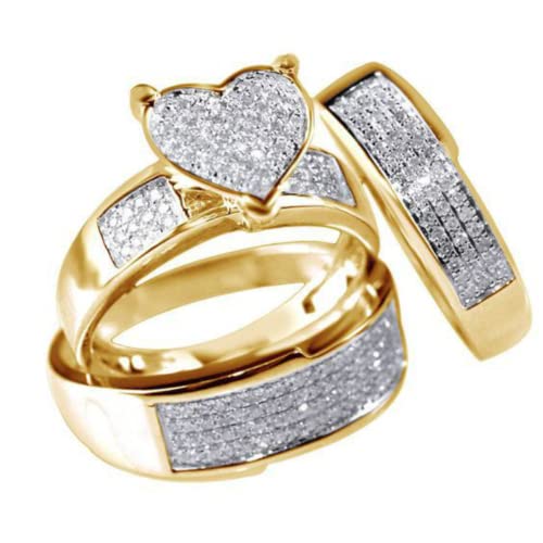 14K Gold Plated Heart CZ Ring Sets AAA Cubic Zirconia Three Row Round Faux Diamond Engagements Rings Wedding 3 Pcs Promise Anniversary White Gold Rings for Women Jewelry Gift