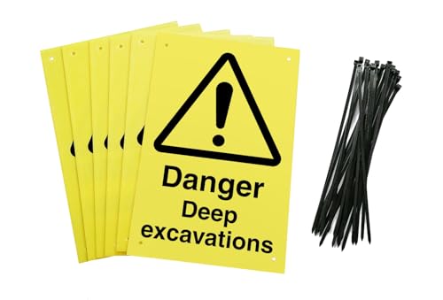Danger Deep Excavations Warning Signs, 20 x 30 cm, Yellow Corex Board, Pack of 6 with Cable Ties
