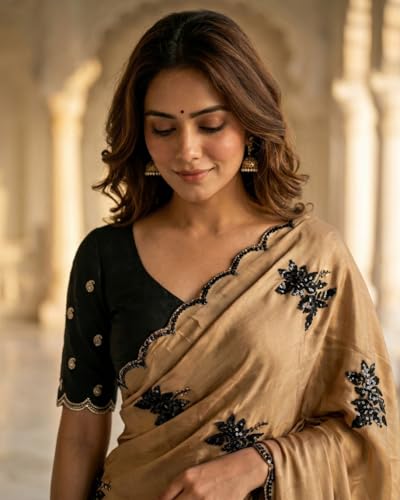 Image of Handcrafted Floral Embroidered Saree with Contrast Blouse