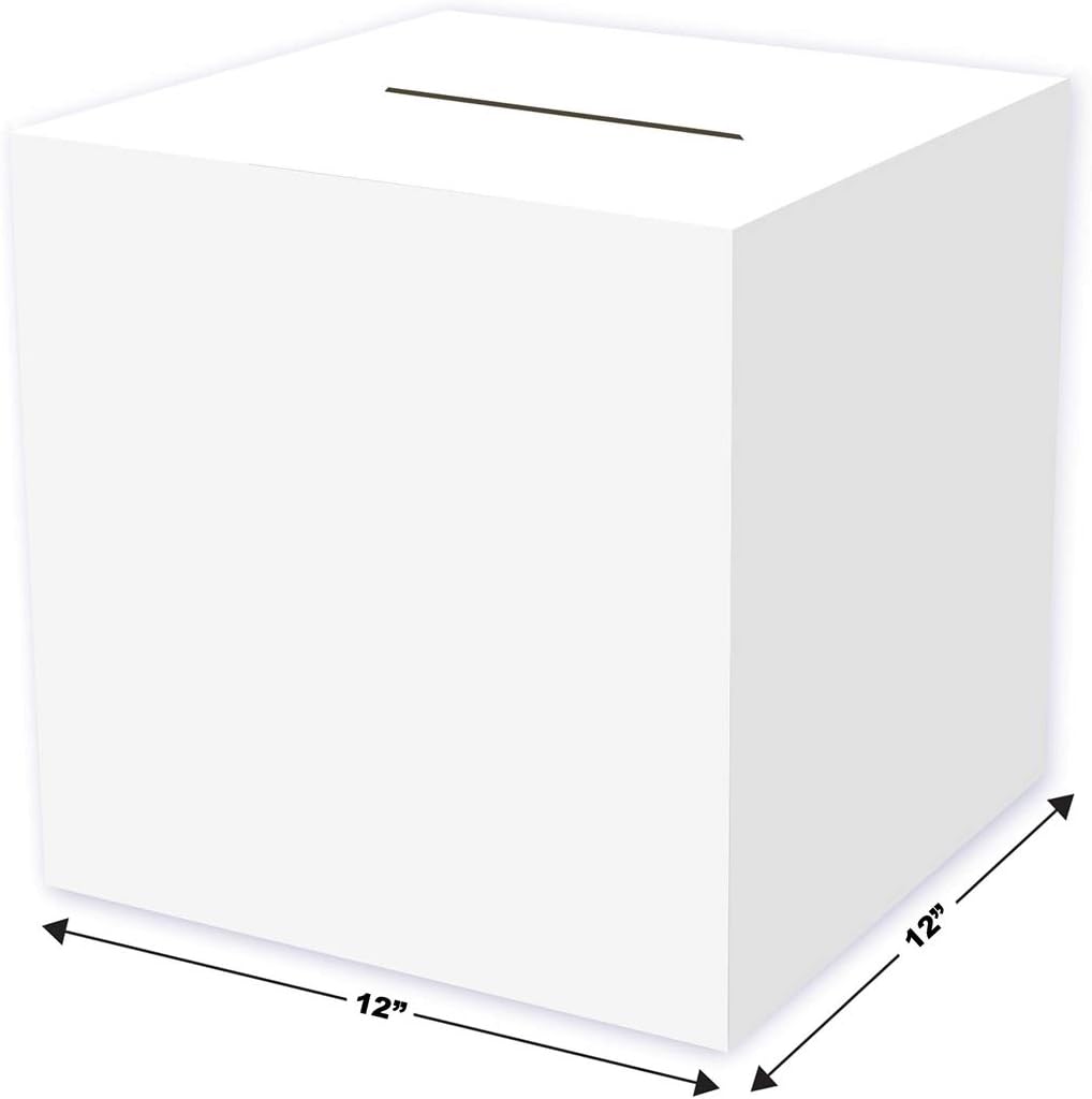 Beistle White All-Purpose Receiving Box – Large Square Card Collection Box for Special Events, Weddings, Bridal & Baby Showers, Graduations, Fundraisers and Display Tables, Cardstock Paper, 12" x 12"