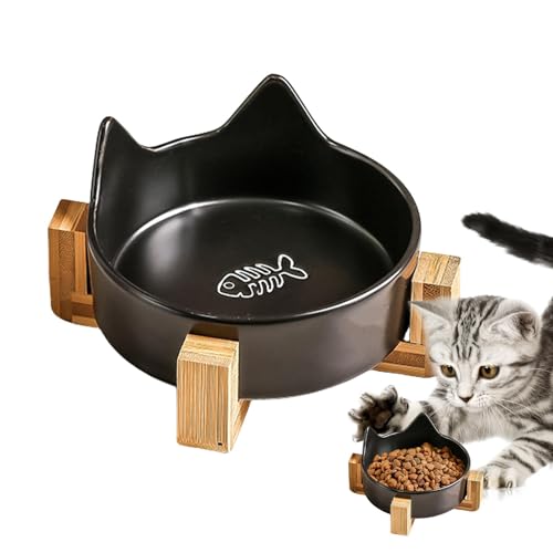 セラミック猫皿、猫フードボウル磁器,セラミックキャットフードボウルペットの餌皿 | こぼれ防止犬猫ボウル、木製スタンド付き猫餌ボウル、屋内猫用のかわいい猫耳ペットウォーターディッシュ