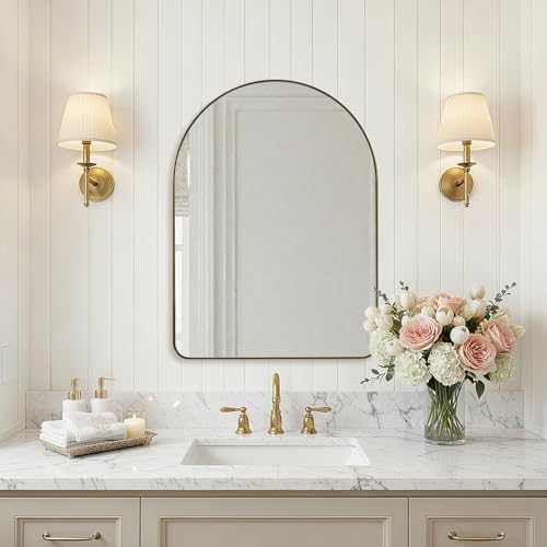 Image of ANDY STAR Arched Mirror, 22 x 30 Inch Gold Wall Mirror in Stainless Steel Metal Frame, Arch Top Rounded Corner 1 Inch Deep Set Design Wall Mount Hangs Vertical