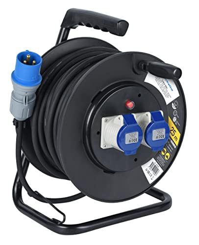Electraline 49049 Prolunga In Gomma Con Avvolgicavo 25 M, 2 Prese Industriali Iec, Spina A 3 Poli Cee Adatto Per Camper, Campeggio, Caravan, Barca, Ca