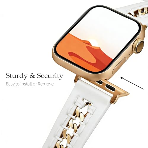 Image of HANDODO Italian Genuine Leather Band with gold chain details, Compatible with Apple Watch Series 11 10 9 8 7 6 5 4 3 2 1 SE SE2 Ultra 2 /3, SGS Certified Fashion Dressy Strap for women men