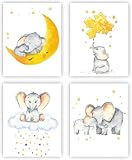 Baby Boy Nursery Canvas Wall Art Set of 4,Elephant Baby Moon and Stars Picture Wall Decor Painting, Cute Animal Baby Girl Nursery Posters Prints (8''x10'') No Framed
