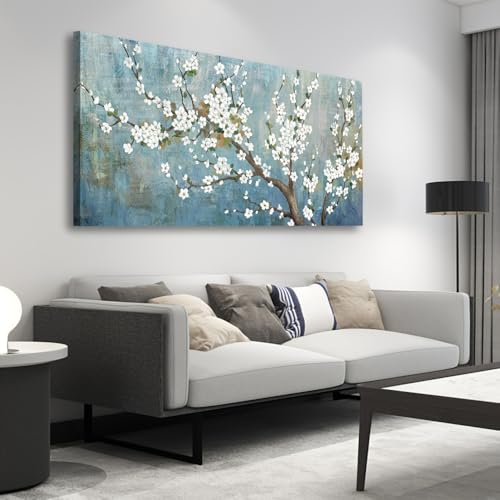 Tableau sur toile fleurs de prunier turquoise 20x45cm impression art mural nature