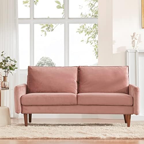 Dreamsir 70'' Mid Century Modern Sofa, Velvet Loveseat Furniture with Two Storage Bags, Small Love Seats Couch for Small Spaces, Velvet Sofa for Living Room & Apartment, Easy-Assembly (Sofa, Pink)