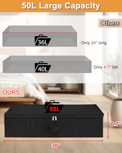Image of Under Bed Storage Container, 3 Pack Underbed Storage Bags With Lid, Foldable Sturdy Clothes Storage Organizer W / 3 Handles, Ultra Thick Fabric Blanket Shoe Storage Box, 30x15x6.7inch, Black, 50L