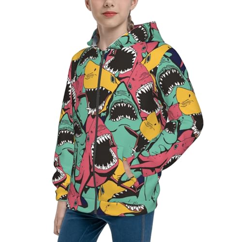 Angry Shark Pattern Kids Pullover Hoodies Boys Zip Up Sweatshirts Girls Athletic Clothes with Pocket