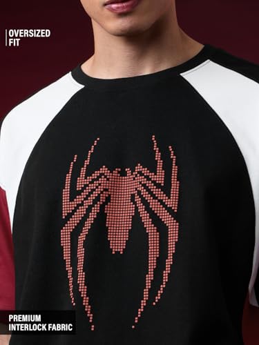Image of The Souled Store Official Marvel: Spider x Venom Oversized T-Shirt for Men Boys Cotton Casual Half Sleeves Baggy Loose Fit Drop Shoulder Round Neck Black