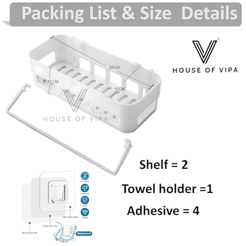 Image of House of VIPA Plastic Bathroom Shelf for Wall, Self-Adhesive Bathroom Organiser with Towel Holder, Ideal Bathroom Accessories for Efficient Space Utilisation (Bath Shelf, 2 Pack), Multicolor