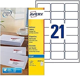 AVERY J8160-25 - 525 Adhesive Address Labels Customisable White 63.5 x 38.1 mm. Printing: Inkjet