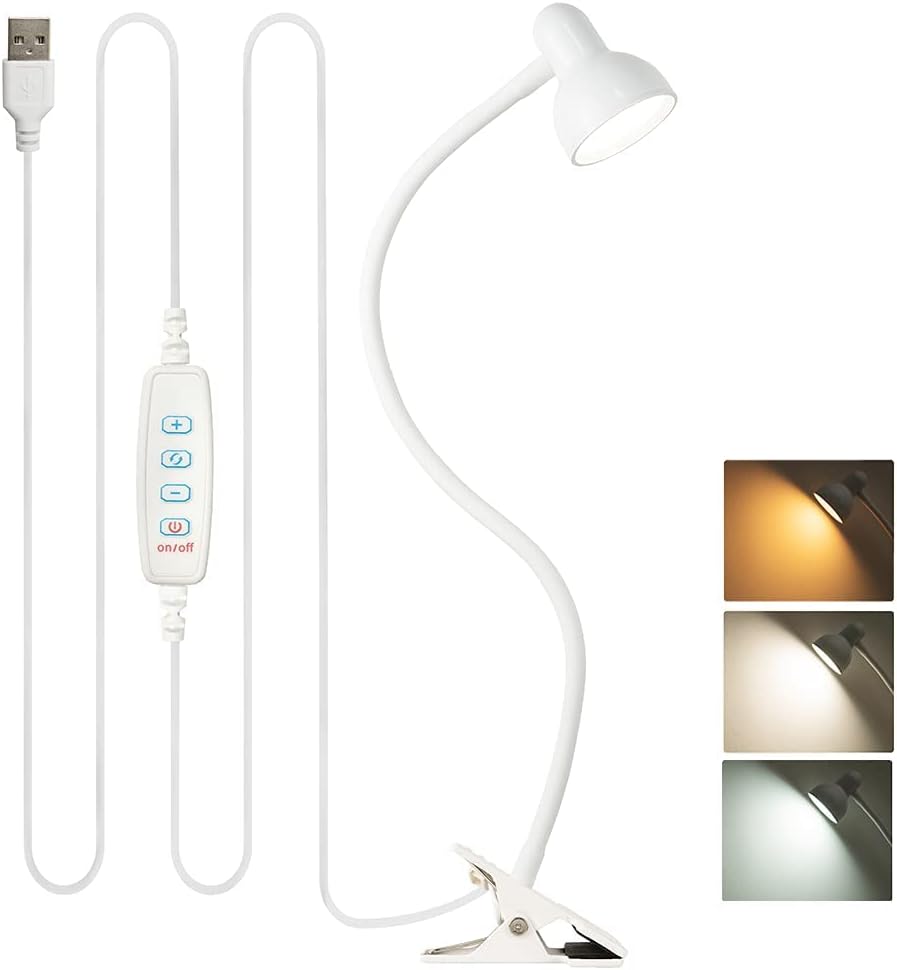 LiFMIRA Clip on Light Reading Lamp 3000-6500K 10-Levels Brightness Clamp Light Eye Protection LED Desk Lamp 360° Flexible Gooseneck Book Light for Bed Bedside Headboard Home Office (White&Black)