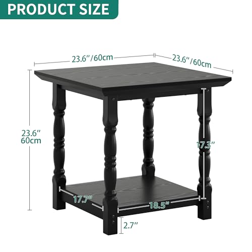 DWVO Farmhouse Square Coffee Table Set of 2, Antique Accent Side Table with Floor Shelf, 23.6"x 23.6" Living Room Furniture, Black