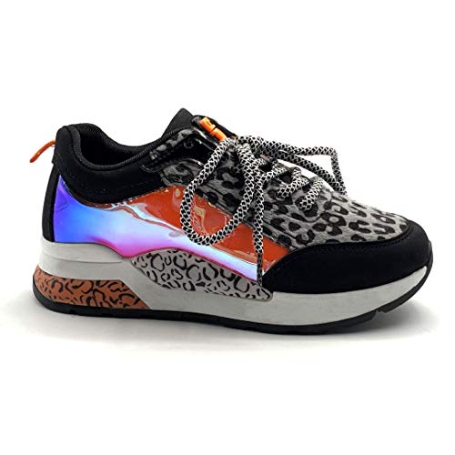 Angkorly - Chaussure Mode Basket Compensée Tennis Plateforme Grosse Semelle Femme chargé imprimé léopard Effet holographique Talon Compensé 4.5 CM - Gris - PQ-37 T 39