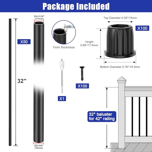 BLIKA 50 Pack 32" Aluminum Deck Balusters with Connectors/Screws, 3/4" OD Hollow Round Aluminum Balusters for Deck Railing, Black Metal Deck Balusters Staircase Spindles