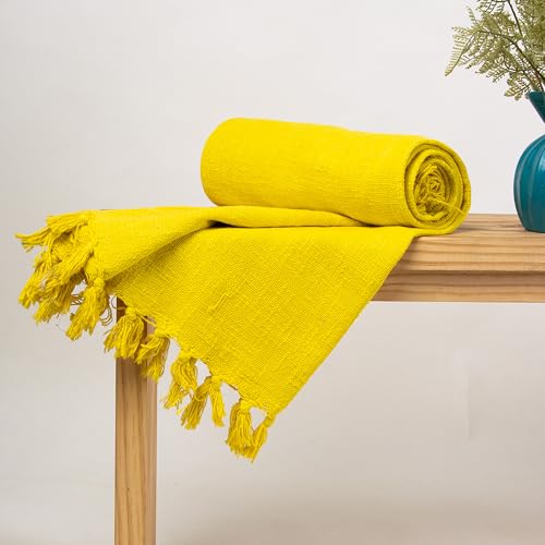 Image of Cotton Throw Handmade Sofa Blanket - Soft & Cozy 50X60 Inches, Premium Cotton, Lightweight & Stylish for Sofa, Bed, Living Room, Bedroom - Elegant Home Decor (Yellow)